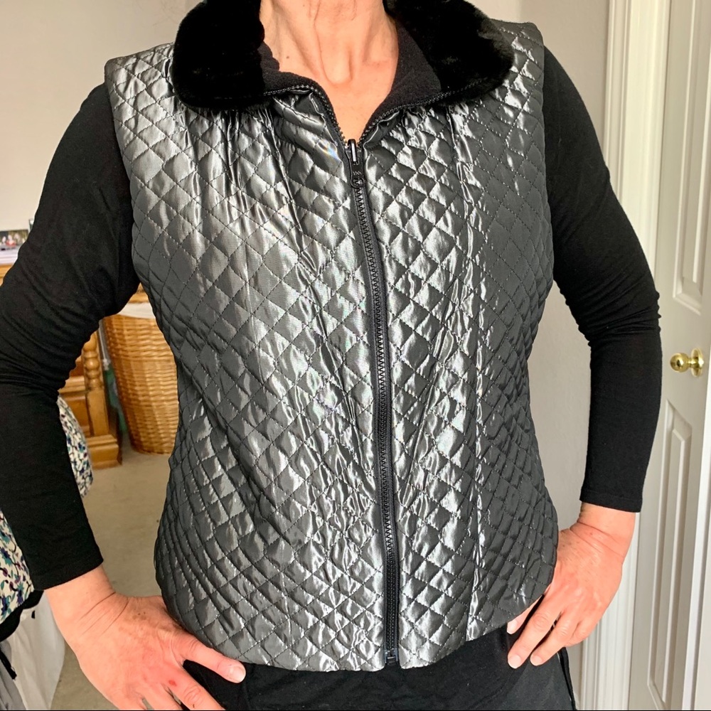 Silver Puffer Vest with Faux Fur Collar